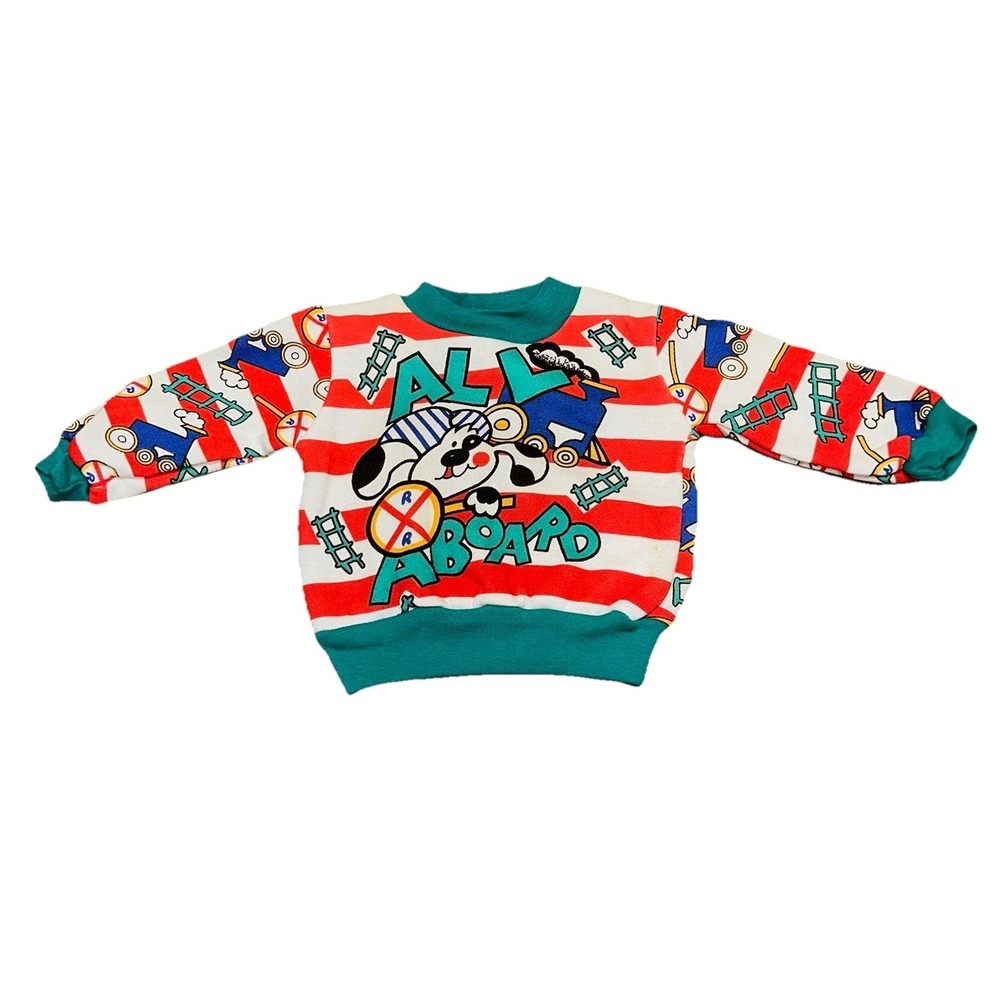 Vintage NWT Cuties By Judy All Aboard Trains Dog Sweatshirt Boys 3-6 Months Flaw